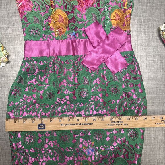 Handmade macramé floral bright green satin lace midi dress S whimsical fairy - Picture 12 of 13